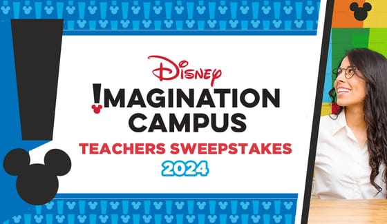 Teacher looking thoughtfully at the text Disney Imagination Campus Teachers Sweepstakes 2024 logo 
